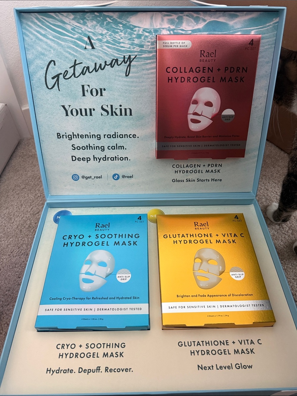 Rael Beauty Hydrogel Mask Trio — Blue, Gold & Rose Radiance Set